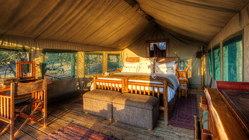 Interior of safari tent at Camp Xakanaxa