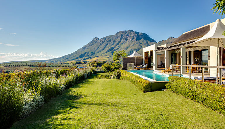 View of the mountain and vineyards from the Owners Lodge at Delaire Graff Estate