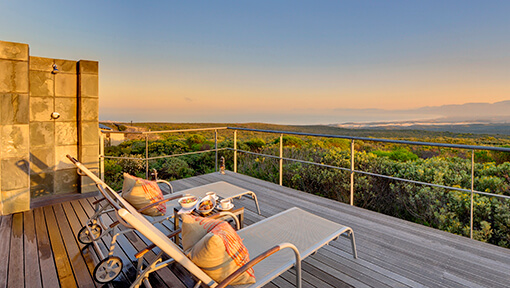Two loungers on the deck of Forest Lodge at Grootbos Private Nature Reserve 
