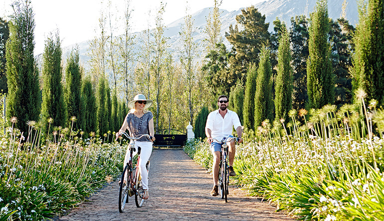 Couple cycling through the Cape Winelands