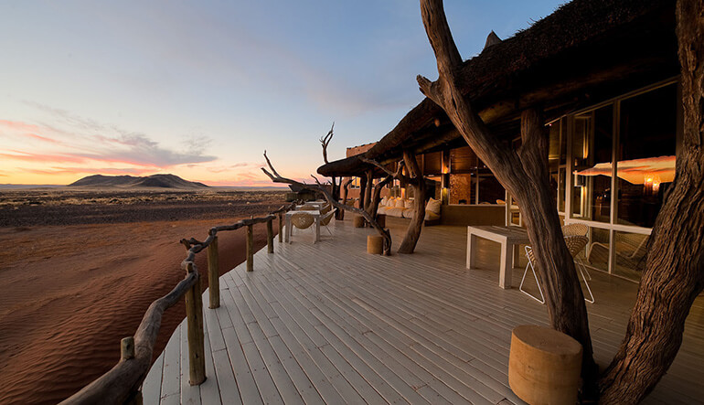 Main deck overlooking the desert at Little Kulala Lodge