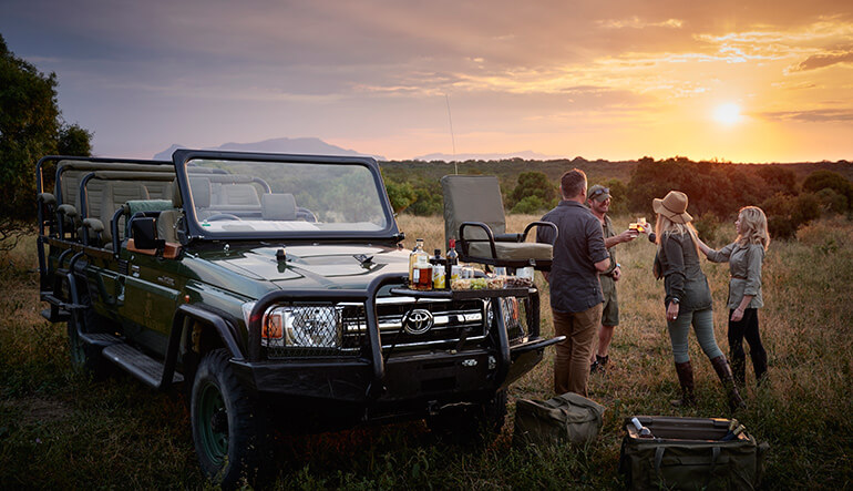 Sunset drinks during a safari game drive at Royal Malewane