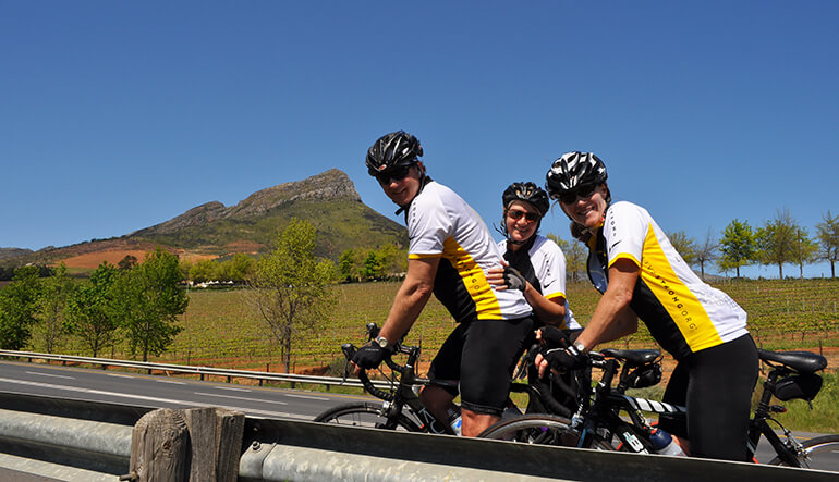 Group of friends cycling in the Cape Winelands