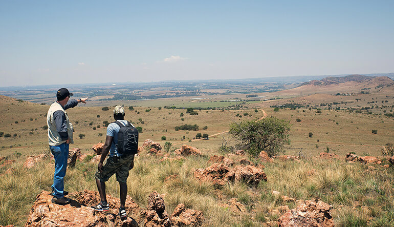 Two men looking at the land at the Cradle of Humankind