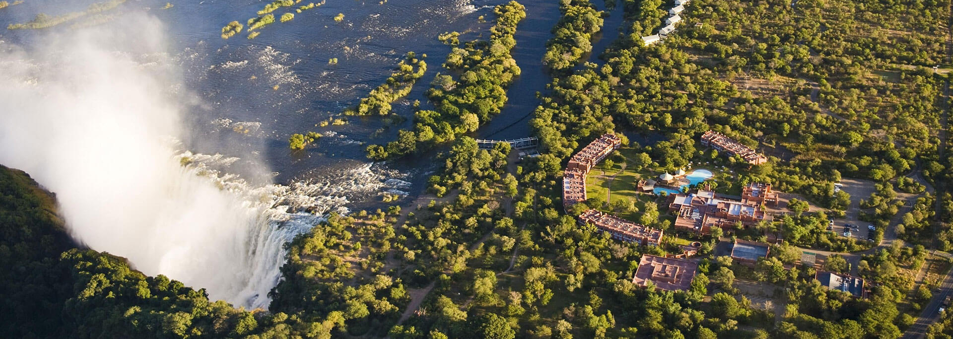 Aerial shot of the The Royal Livingstone Hotel and Victoria Falls