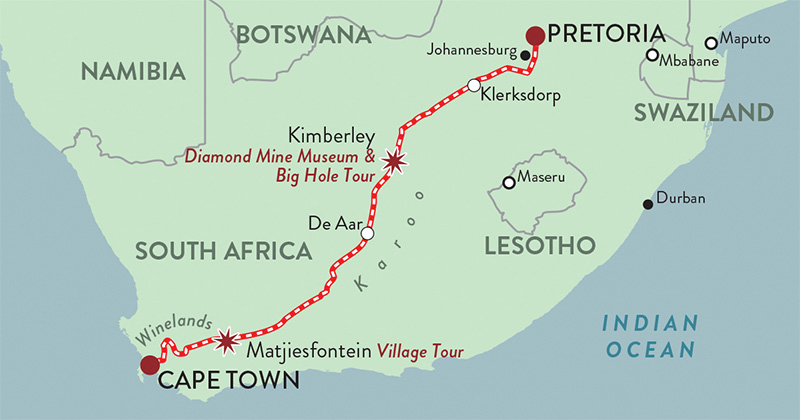 Rovos Rail map from Cape Town to Pretoria