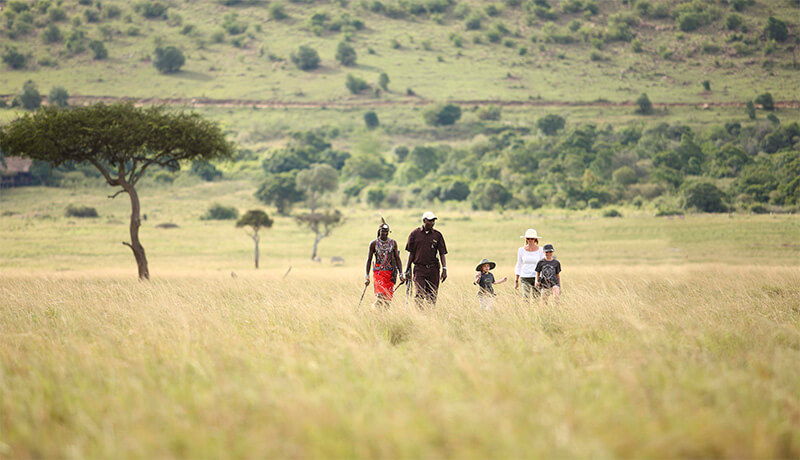 Family on guided walking safari in Kenya