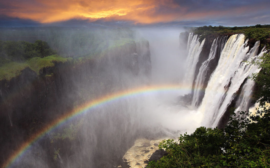 Rainbow over Victorial Falls in Zimbabwe