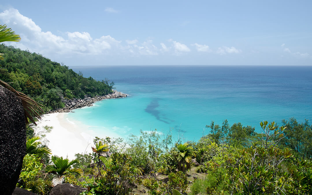 View of Seychelles beach from a hike